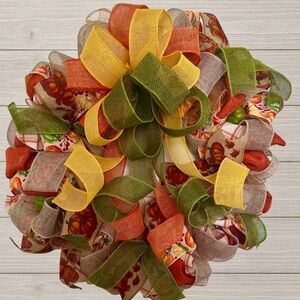 Handmade 24” Fall Wreath with Colorful Burlap Ribbon Autumn Harvest Door Decor
